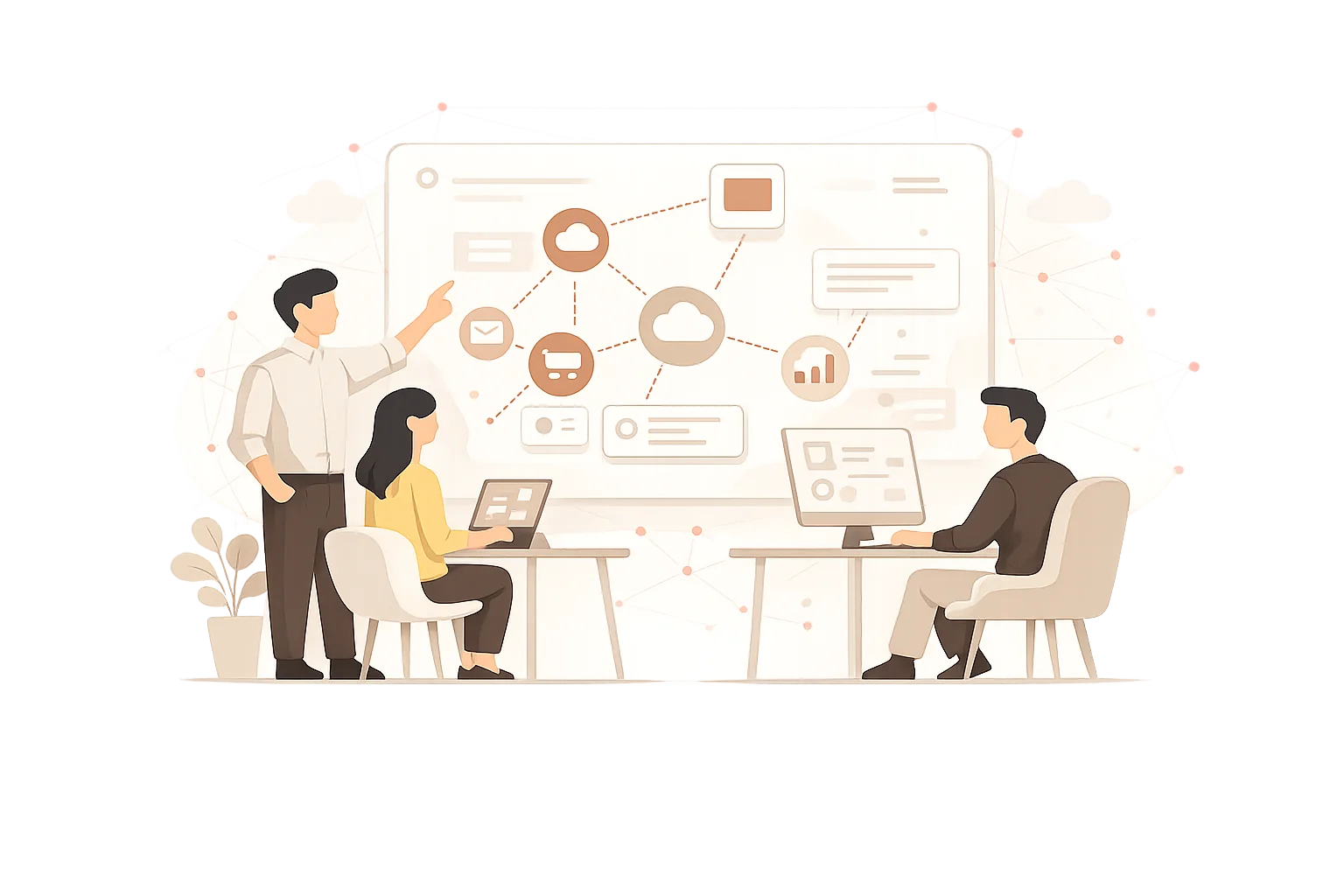Equipo operando con sistemas conectados y automatizados